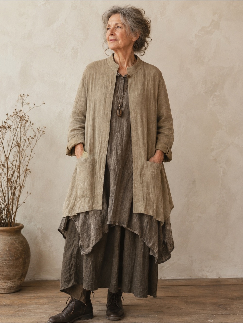 Vintage Eileen Fisher Open Front Jacket Button Closure Cotton Linen Blend Taupe - Picture 3 of 13
